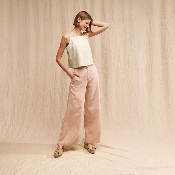 Linen PALAZZO pants, 28, 30, 32, 34 inches inseam options, Wide leg linen pants,  High waist full length pants, Linen flare pants