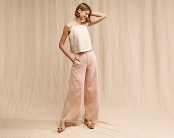 Linen PALAZZO pants, 28, 30, 32, 34 inches inseam options, Wide leg linen pants,  High waist full length pants, Linen flare pants