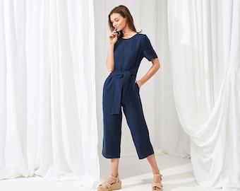 Linen jumpsuit AVERY, Linen jumpsuit for woman, Linen romper with pockets, Short sleeves Linen jumpsuit, Loose fit jumpsuit with belt