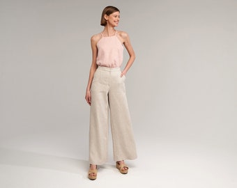 Linen PALAZZO pants, 28, 30, 32, 34 inches inseam options, Wide leg linen pants,  High waist full length pants, Linen flare pants