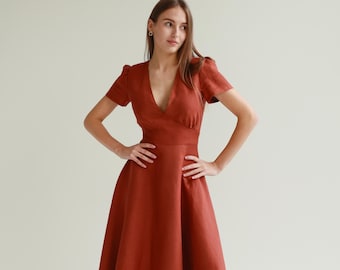 Linen Midi Dress: SICILY Fit & Flare V-Neck Summer Dress
