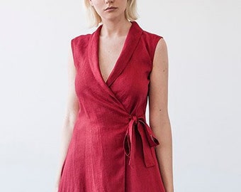 Linen dress SERENA, Linen dress, Red linen wrap dress, Sleeveless wrap dress, Linen dress shawl collar dress, Long linen dress