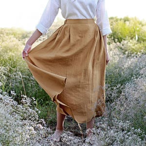 Linen skirt FLORENCE, Maxi linen skirt, Mustard linen skirt, Linen skirt with pockets, Linen maxi skirt, Ruffled back skirt image 2