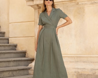 linen maxi shirt dress Floral - V-Neck Long Sleeve | Xiaolizi 3868 adding a touch of savoir to the design Linen Three Quarter Sleeve Maxi