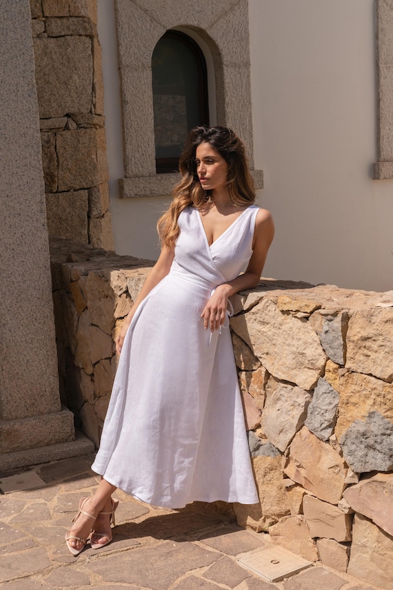 Wrap Maxi Linen Dress ROSIE Fit and Flare Linen Dress Sleeveless Wrap Dress Long Summer Dress V Neck Front and Back Dress Elegant Dress Etsy