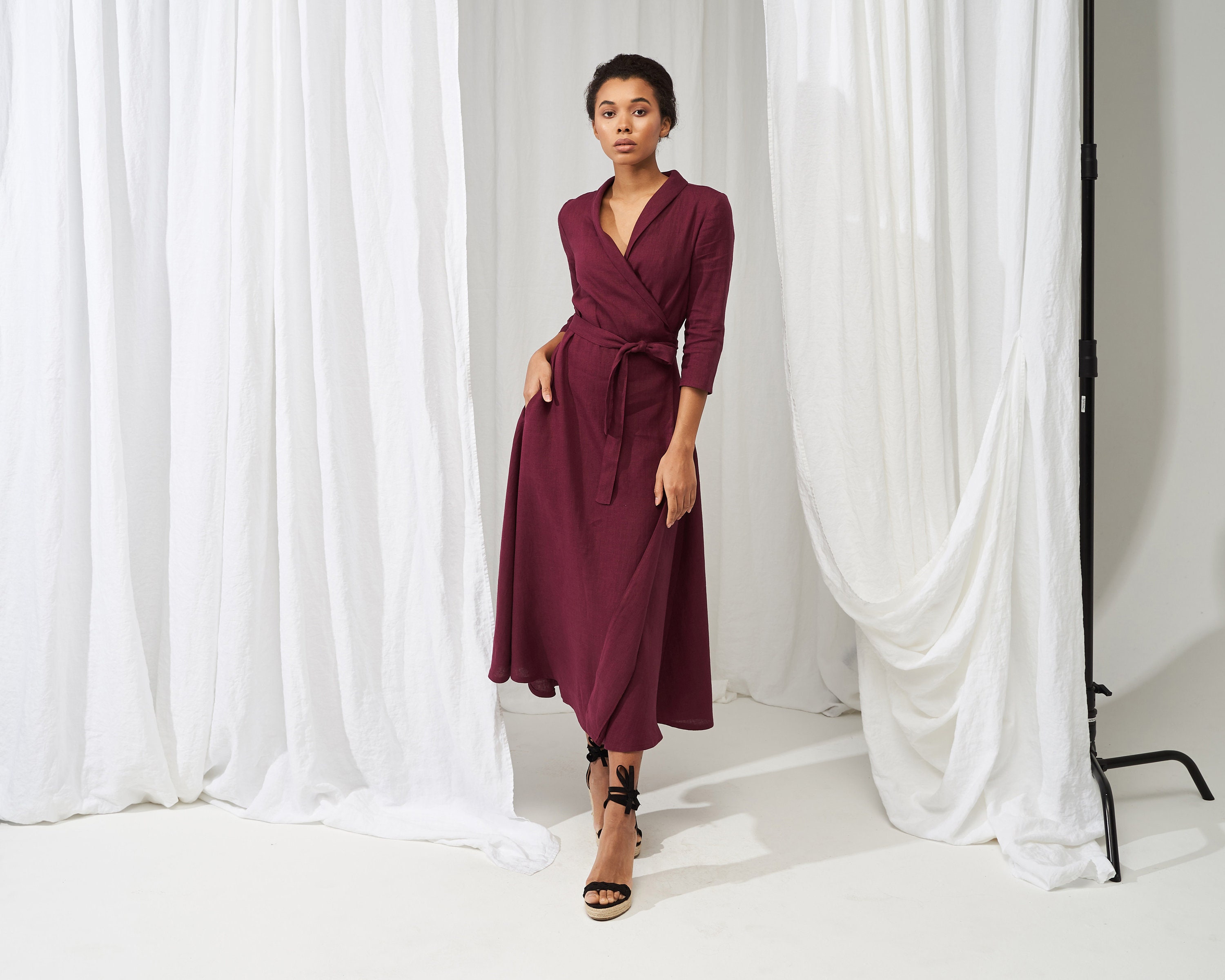 Linen Dress MARLENA With Shawl Collar 