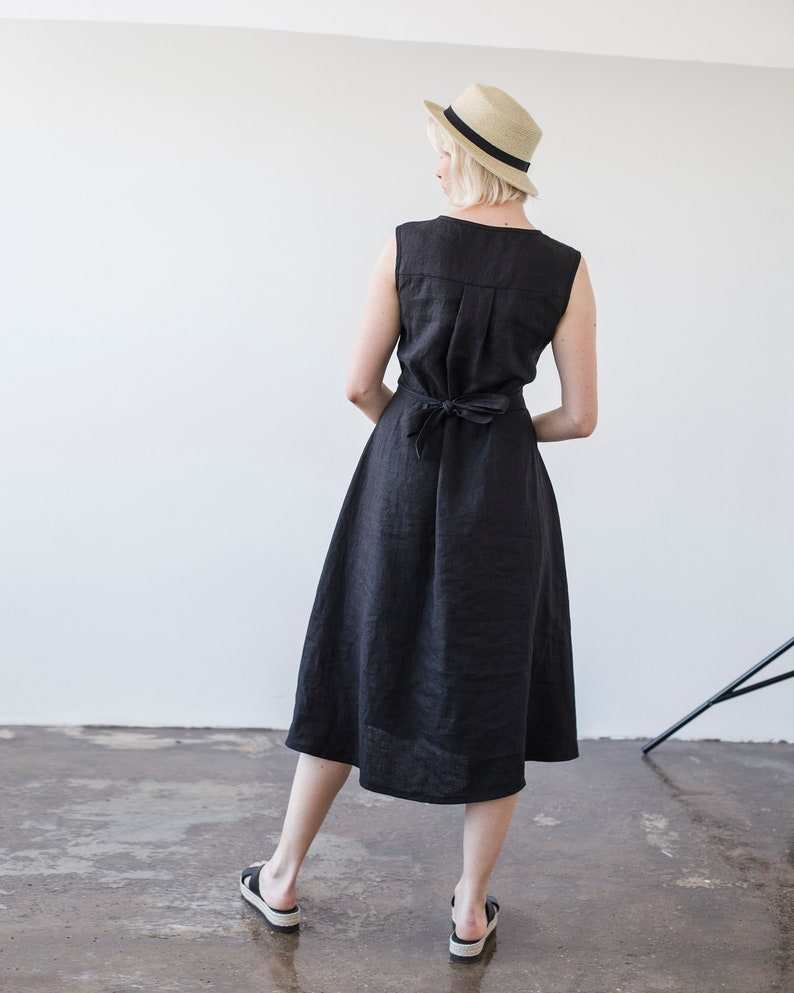 Linen A line dress CHLOE, Long linen dress, Black linen dress, Dress with belt image 3