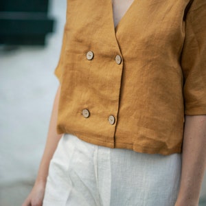 Double breasted linen blouse WILLA, Linen top short sleeves, Linen blouse, Linen crop top, Linen top with buttons, Linen top women image 4