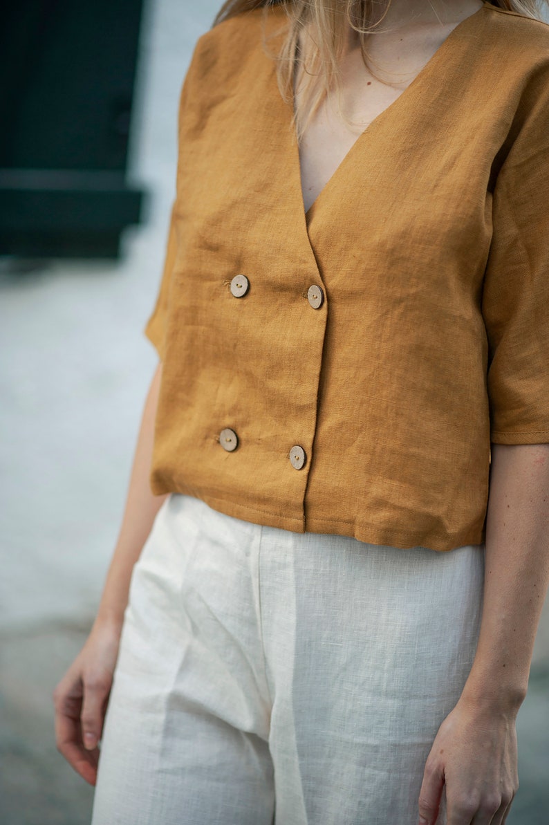 Double breasted linen blouse WILLA, Linen top short sleeves, Linen blouse, Linen crop top, Linen top with buttons, Linen top women image 4