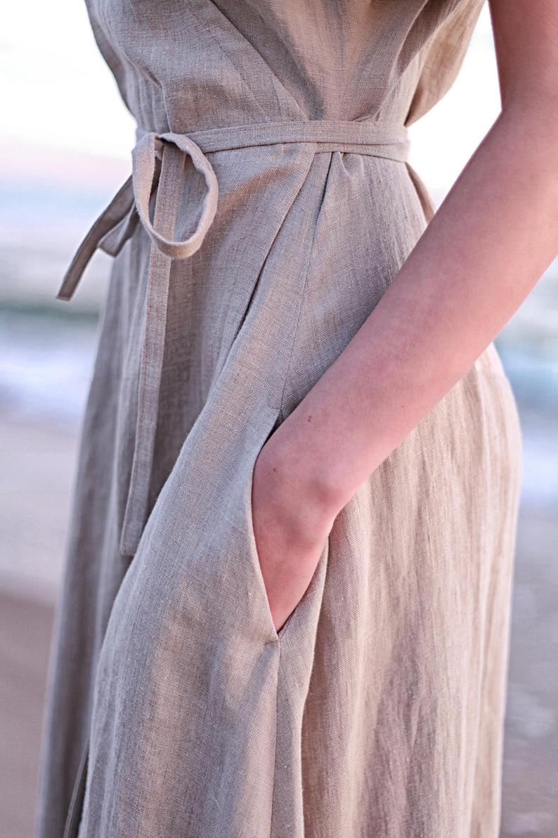 Wrap maxi dress DELILAH, Natural linen dress, Linen kimono dress with belt image 3