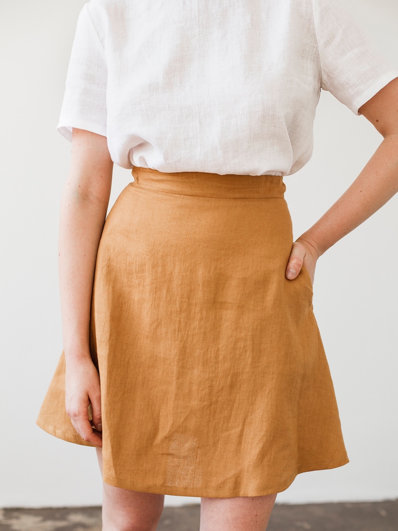 Linen mini skirt ADELLE, A line linen skirt, Short skirt from natural linen, Linen skirts for women, Mustard linen skirt image 3