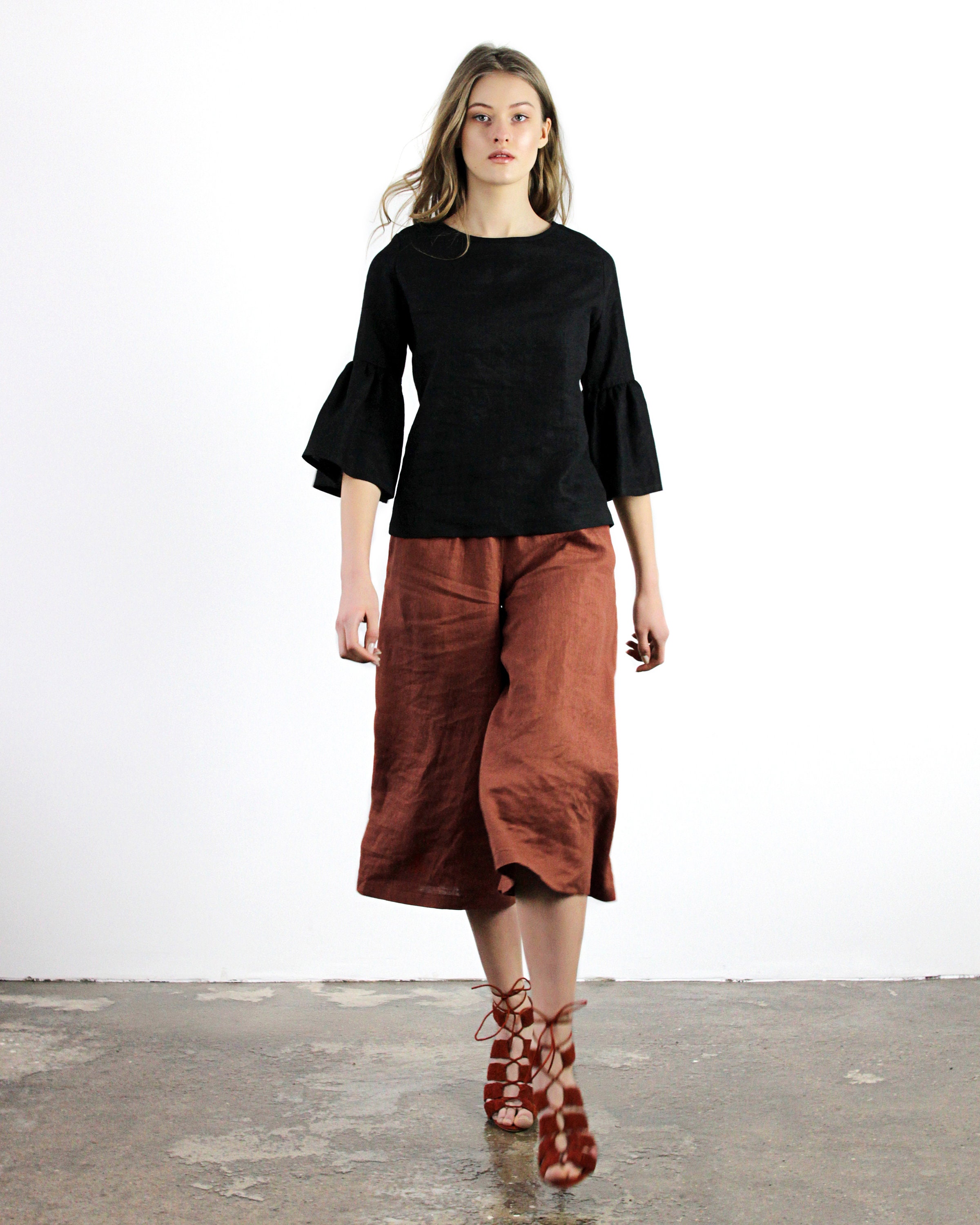 Linen Culotte Pants SIENNA, Linen Pants With Elastic Waistband