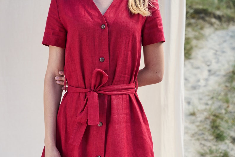 Linen button down dress SANNA, Calf length linen dress, Short sleeve linen summer dress, Linen v neck dress for woman image 5