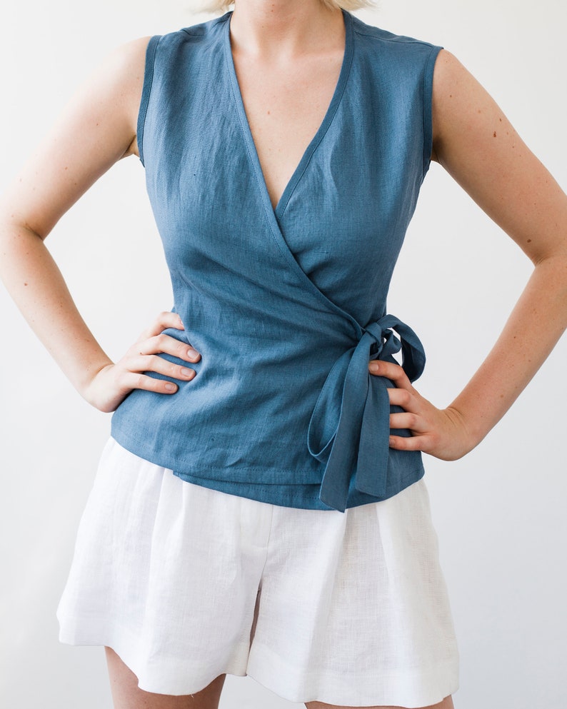 Linen top LYDIA, Linen wrap top, Classic blue linen top, Linen tops for woman, Linen wrap blouse, Linen tank top, Blue linen tank Classic Blue