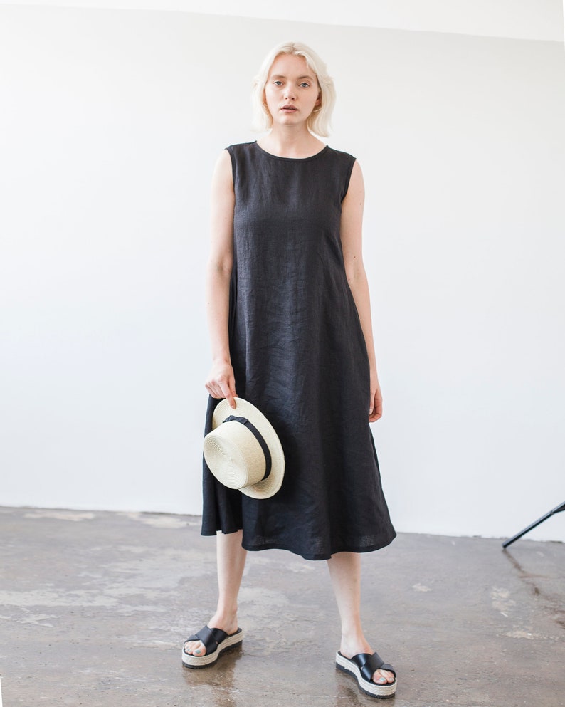 Linen A line dress CHLOE, Long linen dress, Black linen dress, Dress with belt image 5