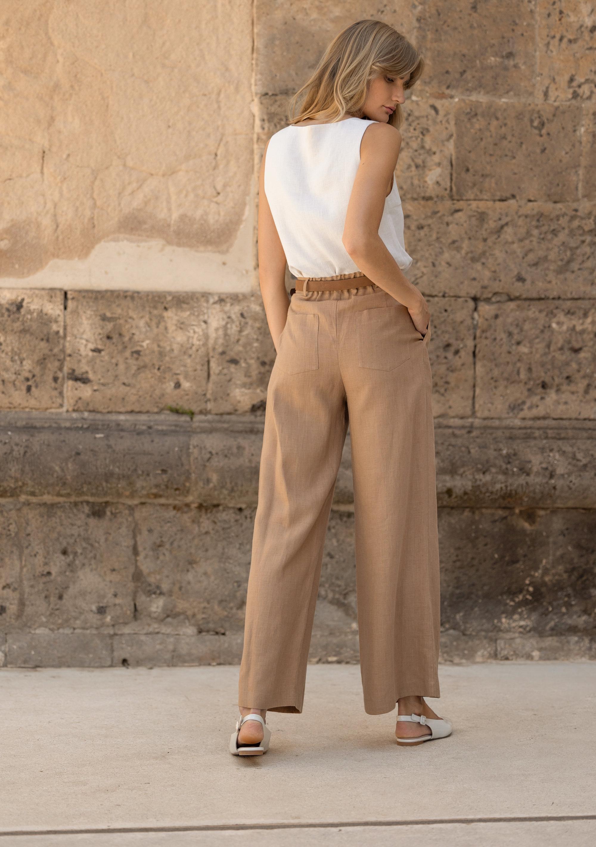 ENFOLD 　LINEN BELT WIDE TROUSERS パンツ　36 Beige Wide Leg Linen Pants OAKLAND: High Waist Linen Trousers With