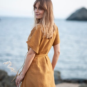 Maxi linen wrap dress DELILAH, Long linen dress, Mustard linen dress, Linen kimono dress with belt, Linen beach dress image 8