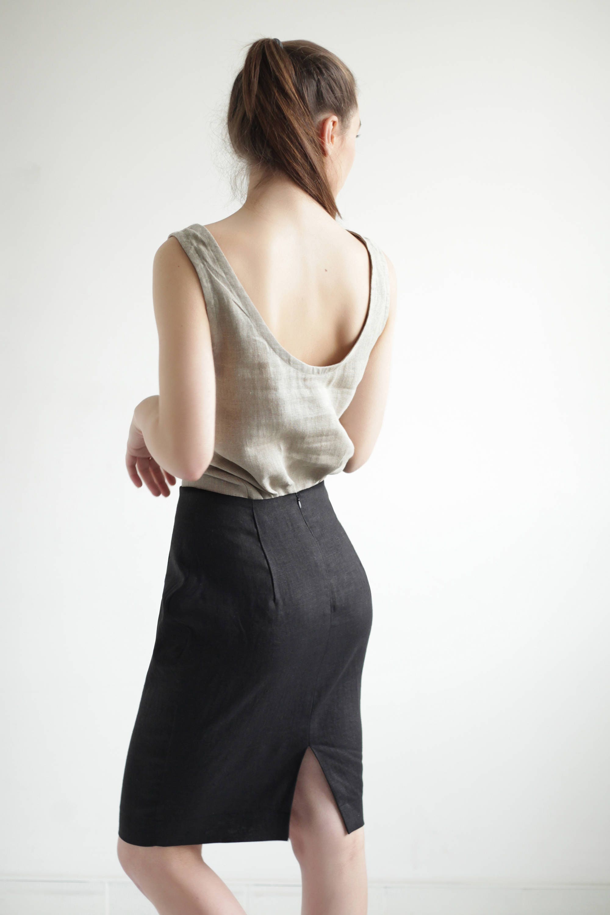 Linen Pencil Skirt CELINE Linen Skirt Midi Black Linen - Etsy