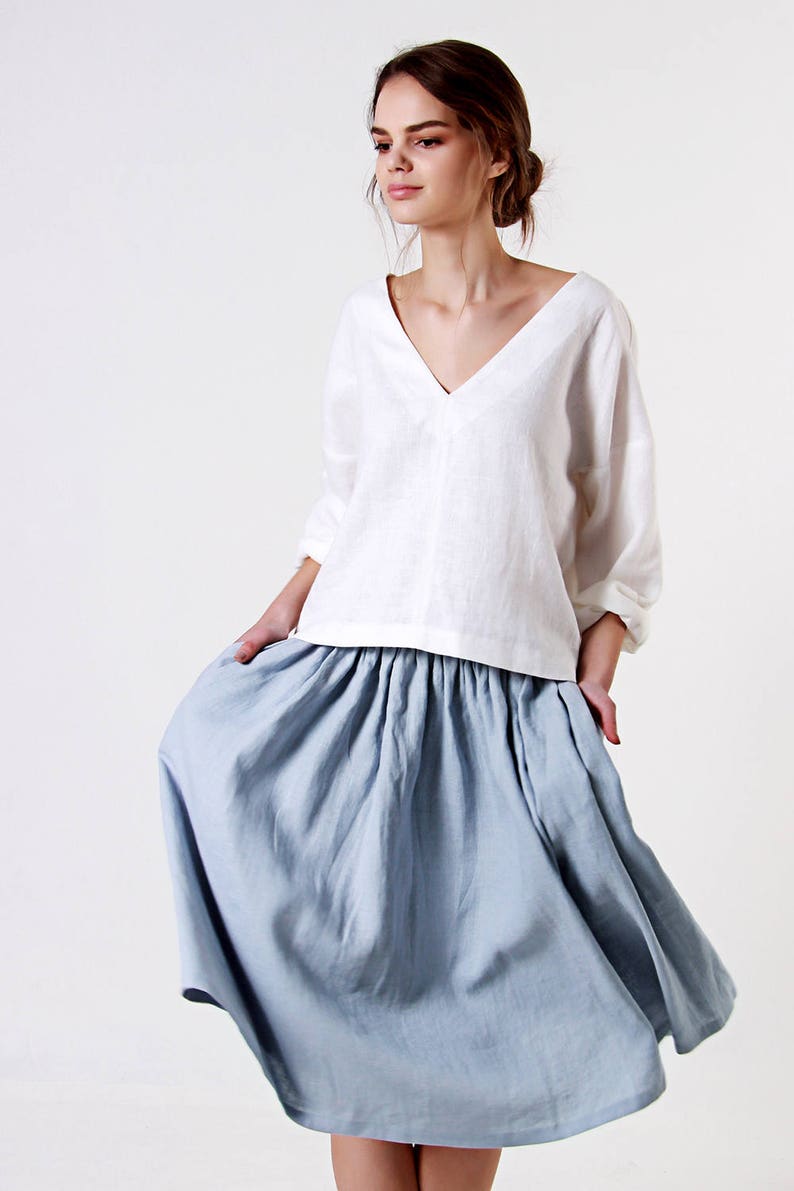 Linen skirt MARGO, Midi skirt, Ruffle skirt, Bluish grey linen skirt, Ruffle linen skirt with pockets, Linen midi skirt image 1