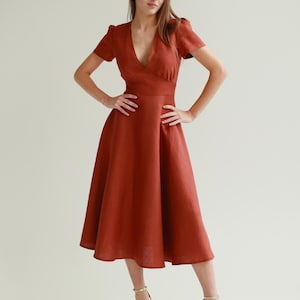 Deep V Neck Linen Dress SICILY, Cup Sleeve Linen Dress, Tailored Dress ...