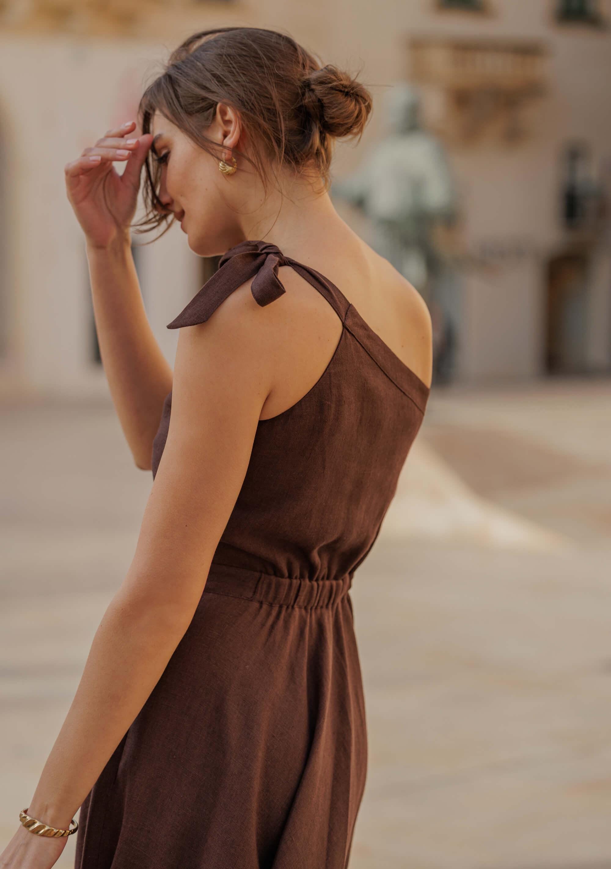 Espresso Brown Linen Dress: One Shoulder Wedding Guest Dress - Etsy Espresso Brown Linen Dress: One Shoulder Wedding Guest Dress - Etsy
