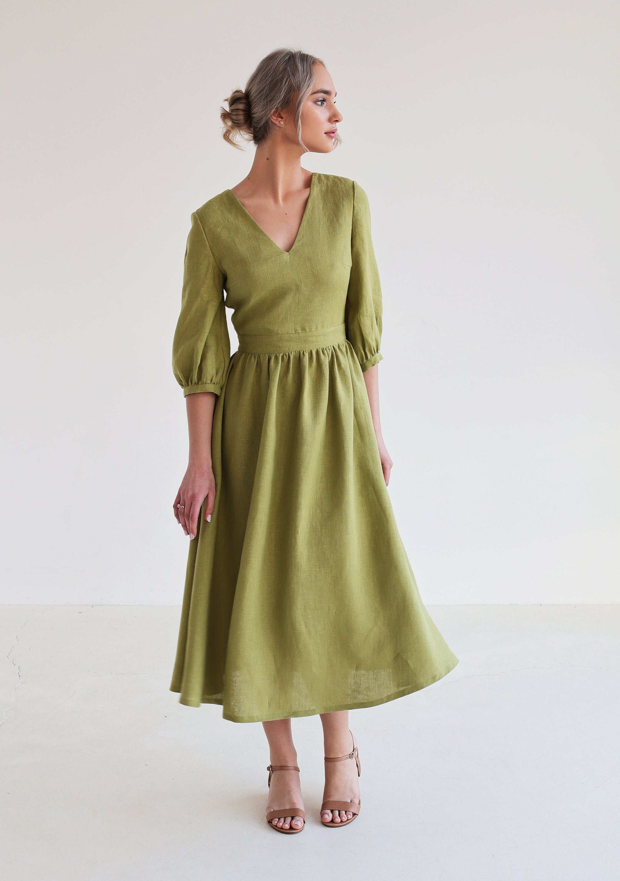 Linen puff sleeve dress MADELEINE calf length, V neck dress , Open back dress for woman, A line dress, dress for women wedding guest