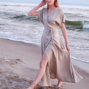 Wrap maxi dress DELILAH, Natural linen dress, Linen kimono dress with belt image 5