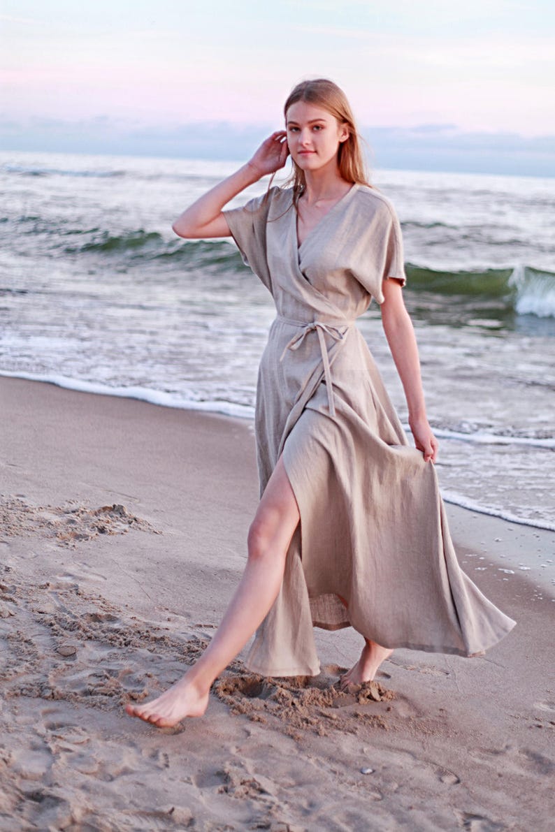 Wrap maxi dress DELILAH, Natural linen dress, Linen kimono dress with belt image 5