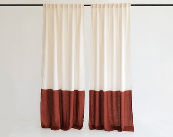 Set of 2 linen color block curtain panels, Rod pocket curtains, Multifunctional heading curtains, Semi-sheer linen curtains