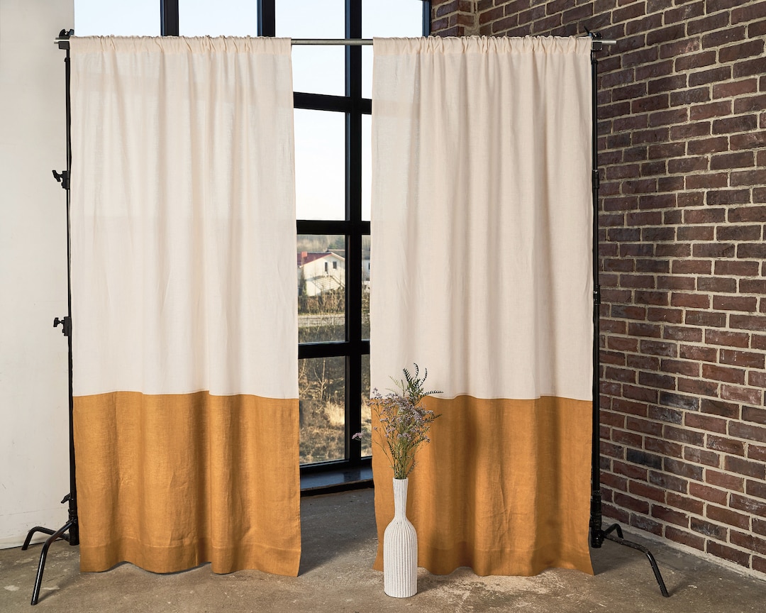 Linen Color Block Curtain Panels: Semi-sheer Rod Pocket Curtains (set ...