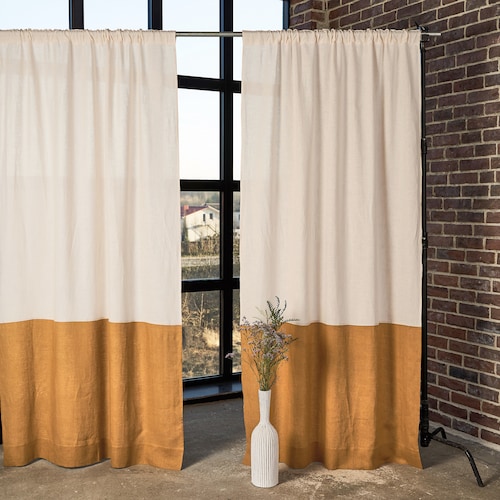 Set of 2 Tab Top Linen Curtain Panels Color Block Linen Etsy