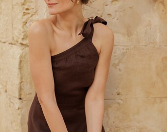 Espresso Brown Linen Dress: One Shoulder Wedding Guest Dress