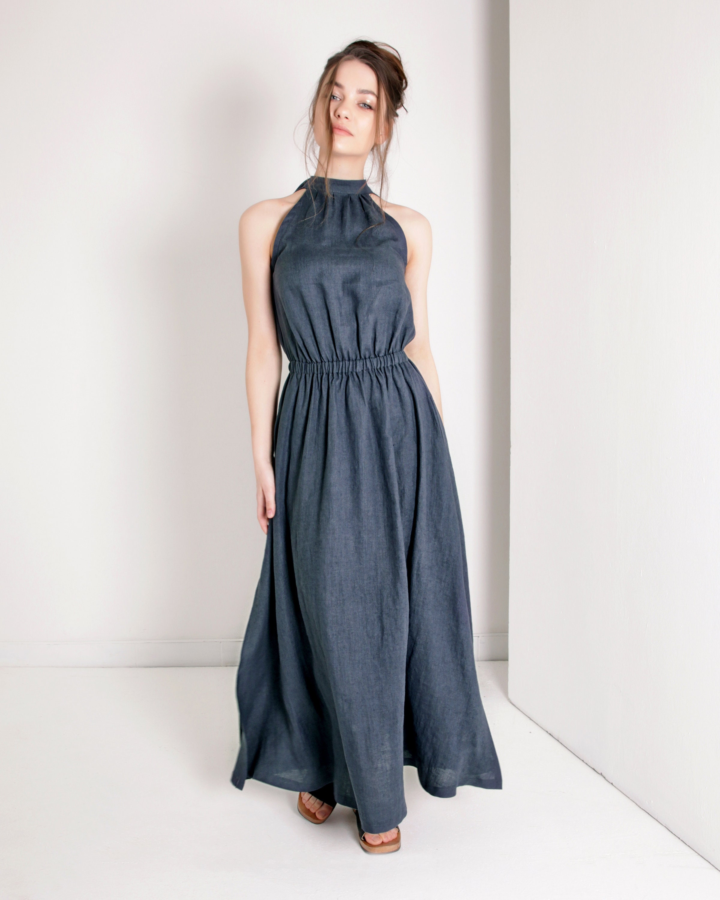 high neck linen dress