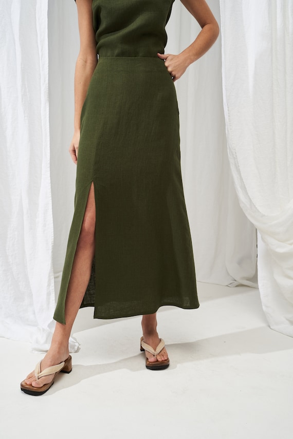 Linen Skirt With Front Slit VALENCIA, Long Linen Skirt, High