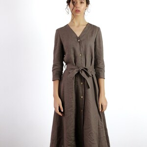 Linen Button Down Dress SANTANA: Long Sleeve Maxi with Belt & Pockets image 3