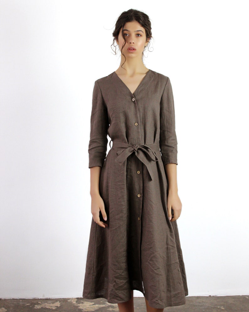 Linen Button Down Dress SANTANA: Long Sleeve Maxi with Belt & Pockets image 3