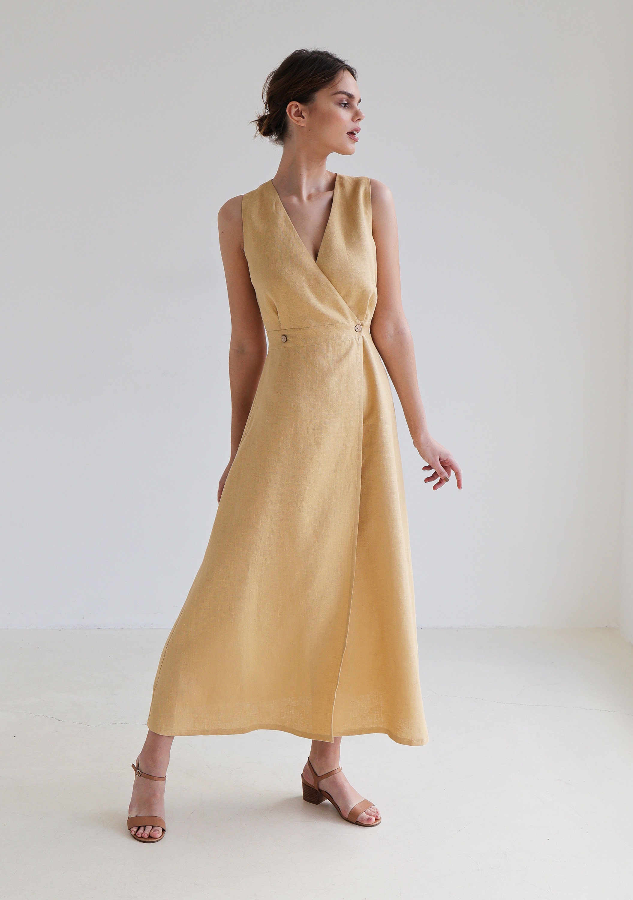 Long Sleeve White Long Wrap Dress Wrap Dress Maxi Dress White Linen Dresses  For Summer Sleeveless