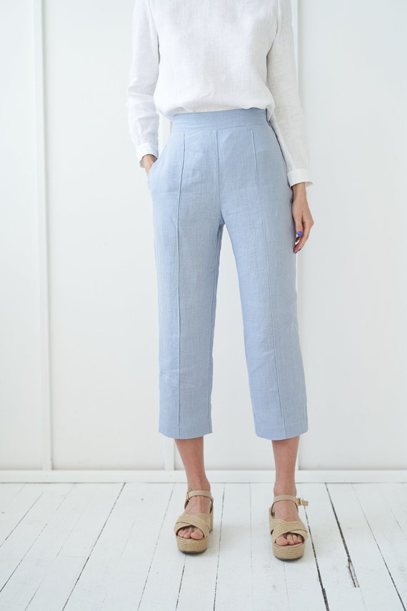 Linen Flat Front Pants TORI, Linen Crop Pants, Relaxed Linen Pants, Blue  Linen Pants, Summer Linen Pants 