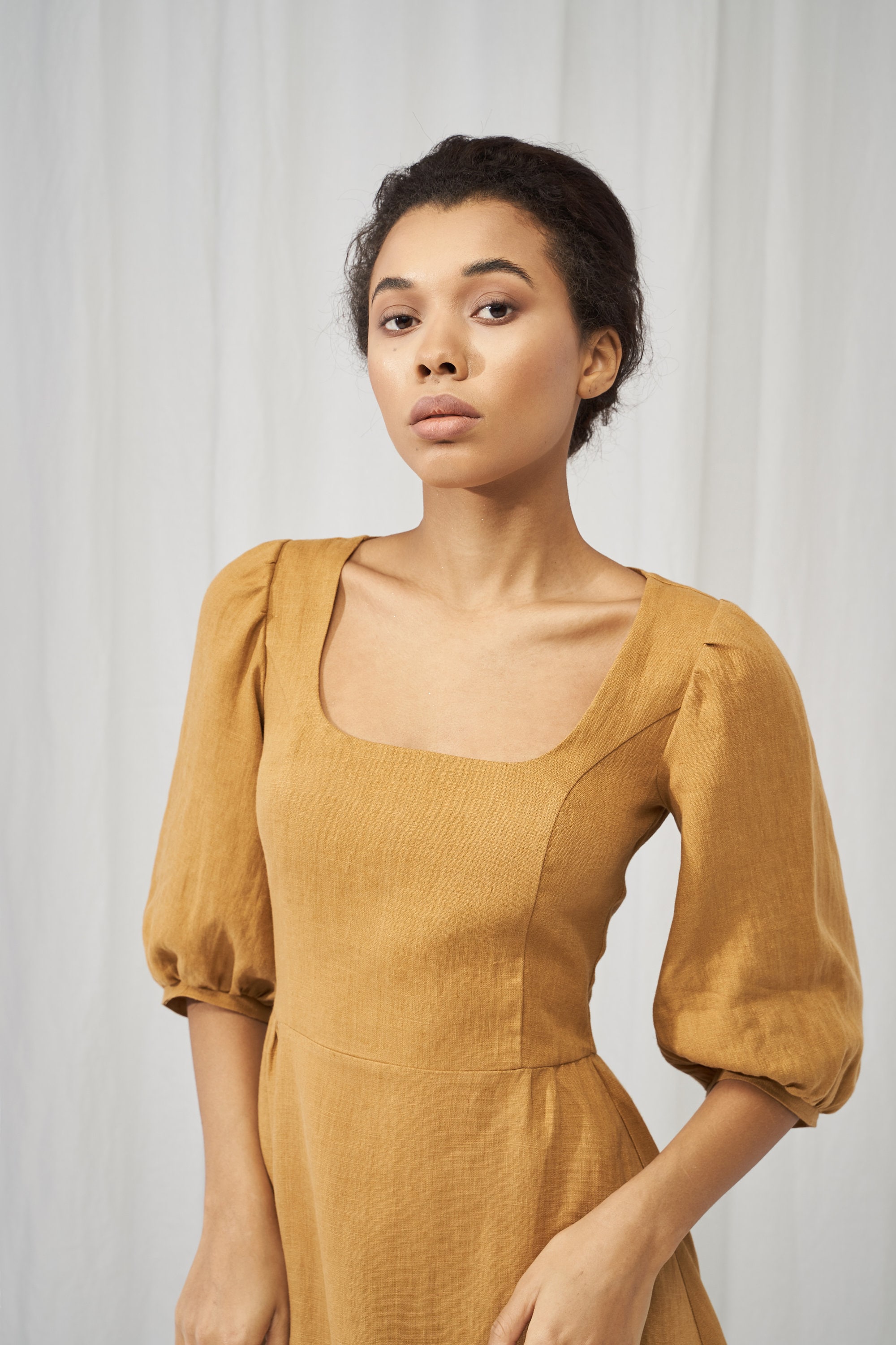 Buy Linen Puff Sleeve Dress AURORA in Mini Length, Square Neck 