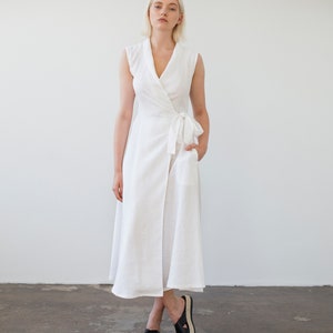 Wrap maxi dress SERENA, Linen wrap dress, Sleeveless linen dress Optic White