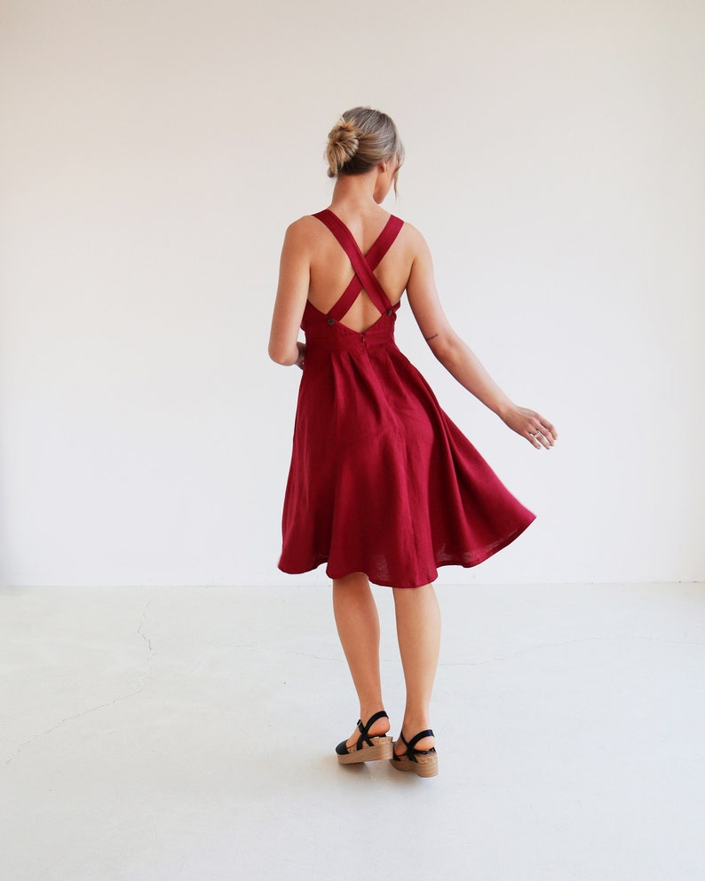 Cross back linen dress PAULA, Open back dress for woman, A line sleeveless summer dress with pockets, Flare vintage style dress image 1