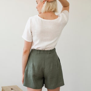 Linen shorts AGNES, Linen shorts for woman, Laundered linen shorts, Linen shorts skirt, Green moss linen shorts for woman, High waist shorts image 5