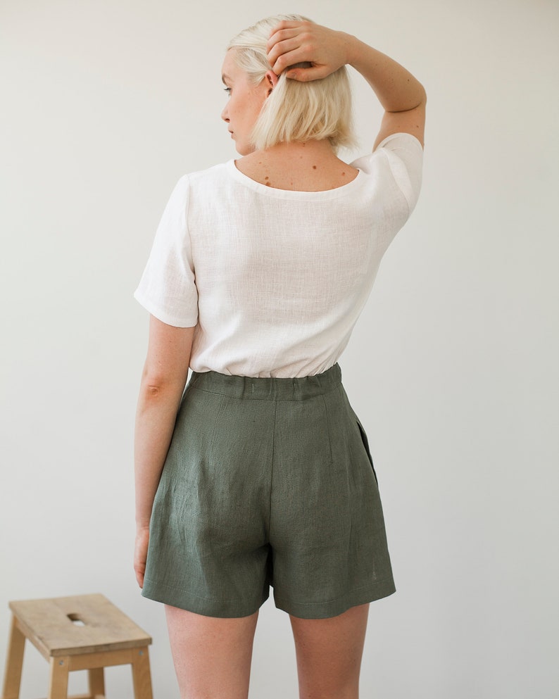 Linen shorts AGNES, Linen shorts for woman, Laundered linen shorts, Linen shorts skirt, Green moss linen shorts for woman, High waist shorts image 5