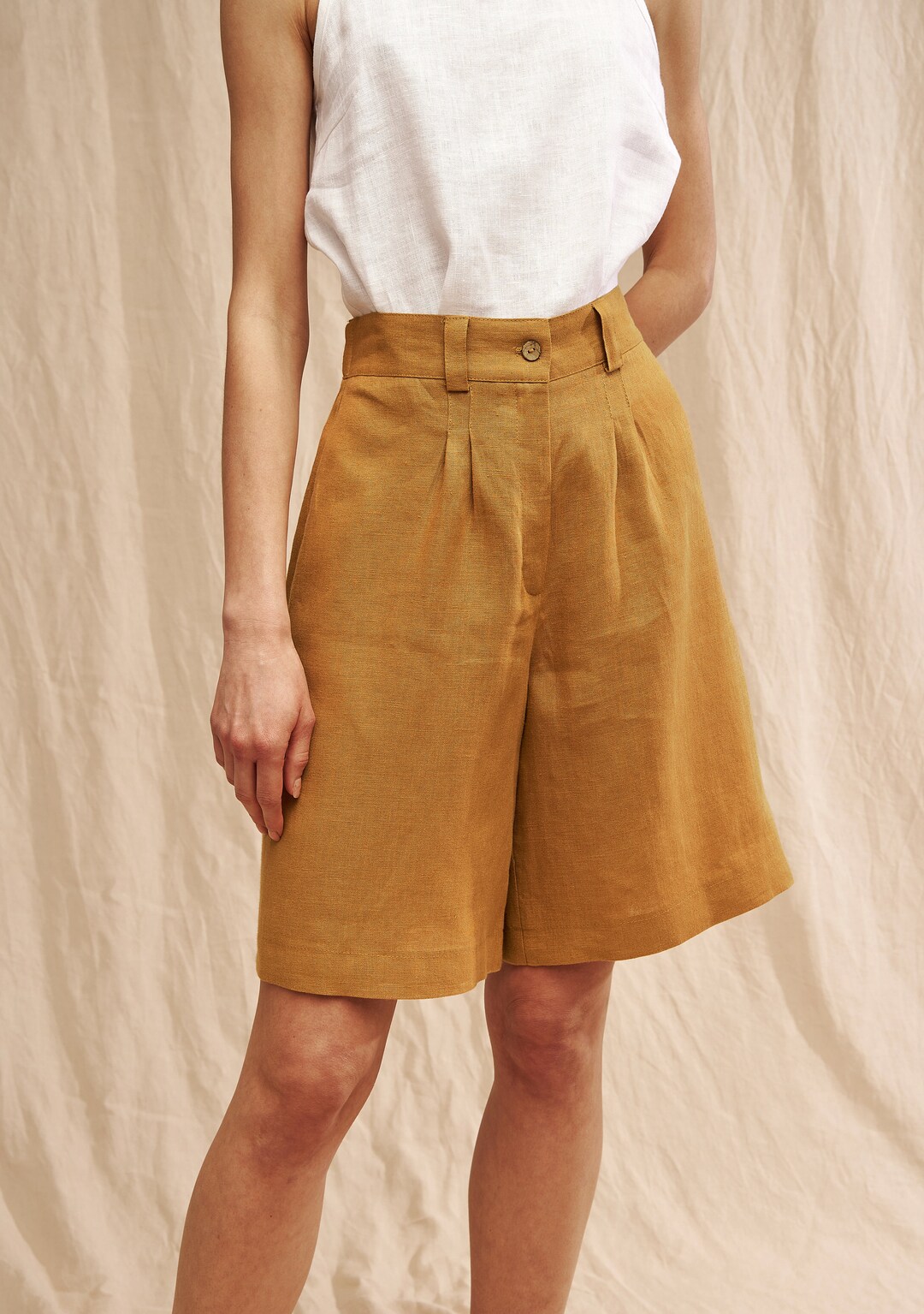 Linen Bermuda Shorts GEMMA, Linen Shorts for Woman, High Waist Shorts With Pockets, Long Linen