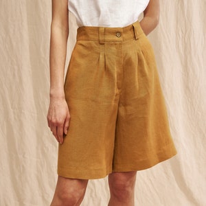 Linen bermuda shorts GEMMA, Linen shorts for woman, High waist shorts with pockets, Long linen shorts