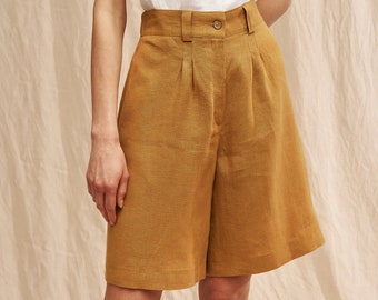 Linen bermuda shorts GEMMA, Linen shorts for woman, High waist shorts with pockets, Long linen shorts