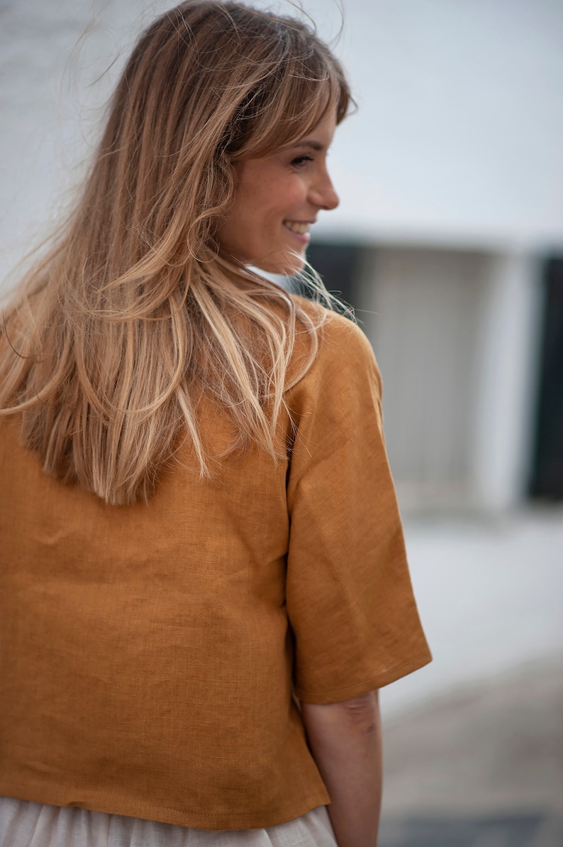 Double breasted linen blouse WILLA, Linen top short sleeves, Linen blouse, Linen crop top, Linen top with buttons, Linen top women image 7