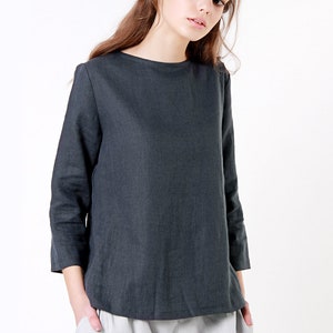 Elbow sleeves linen top ARIA, Casual linen top for woman, Simple linen blouse image 4