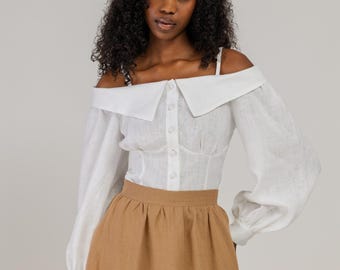 Blusa blanca de lino con hombros descubiertos SYLVIE - Top con cuello tipo retrato - Blusa entallada - Top de lino con mangas abullonadas - Camisa romántica de verano
