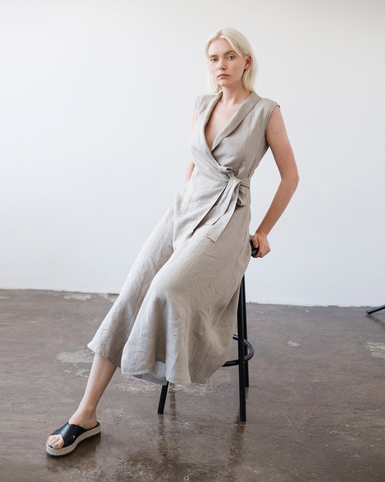 Wrap maxi dress SERENA, Linen wrap dress, Sleeveless linen dress image 2